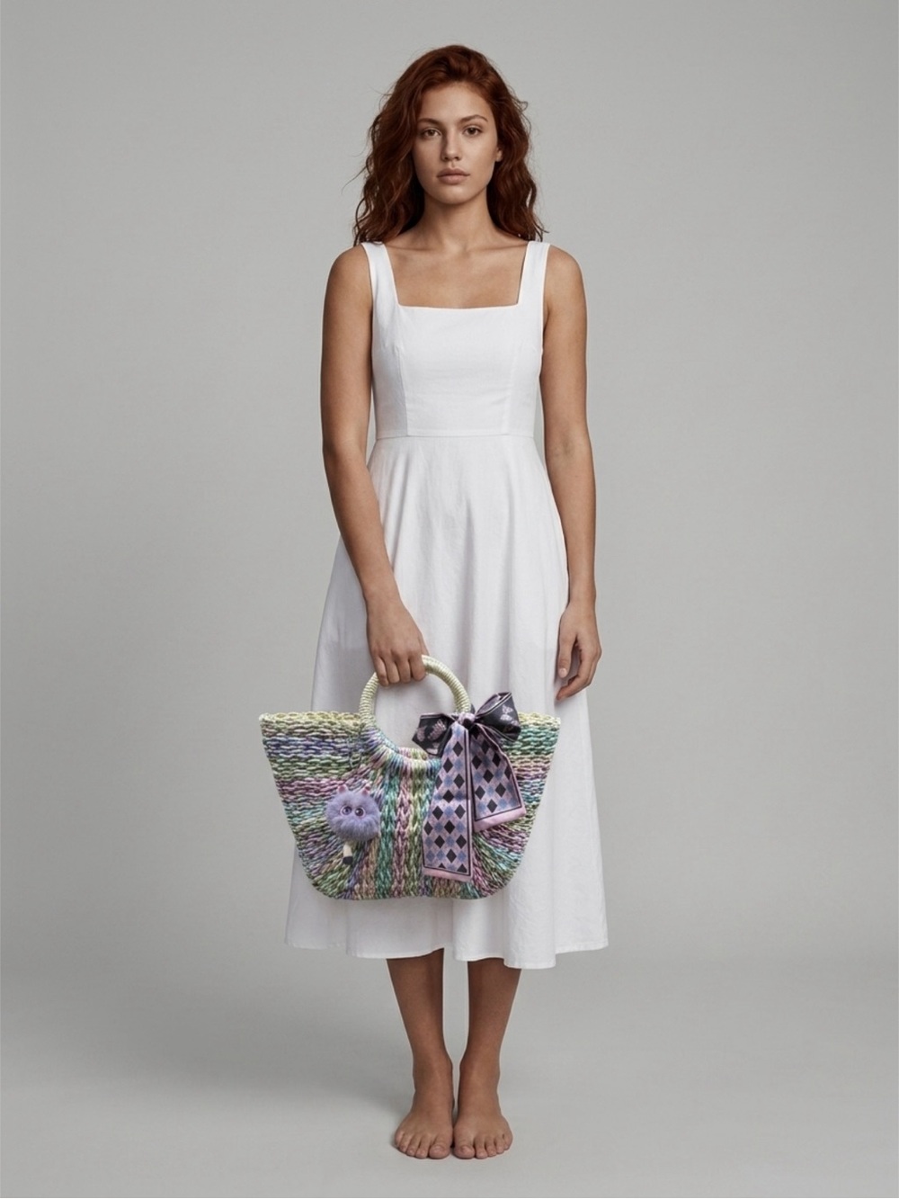 Pastel Multicolor Straw Tote with Bow Accent